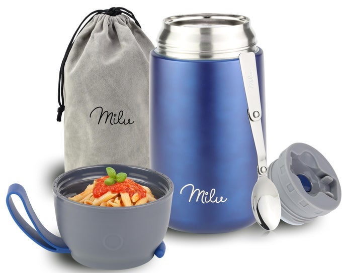 FOOD FLASK FOR HOT FOOD 800ML LEAKPROOF INSULATED STAINLESS STEEL THERMAL LUNCH BOX SOUP CONTAINER WITH SPOON BPAFREE TO GO MEAL PREP PORRIDGE NAVYBLUE 800ML