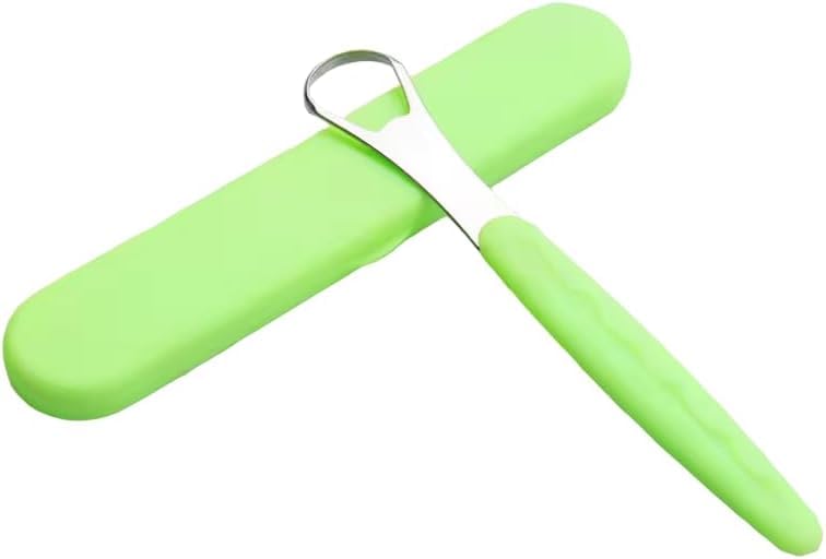 Premium Tongue Scraper for Oral Hygiene with Protective Cover - Stainless Steel Tongue Cleaner - Non Slip Colorful Handle - Reduce Bad Breath - For Adults and Kids - Green Color