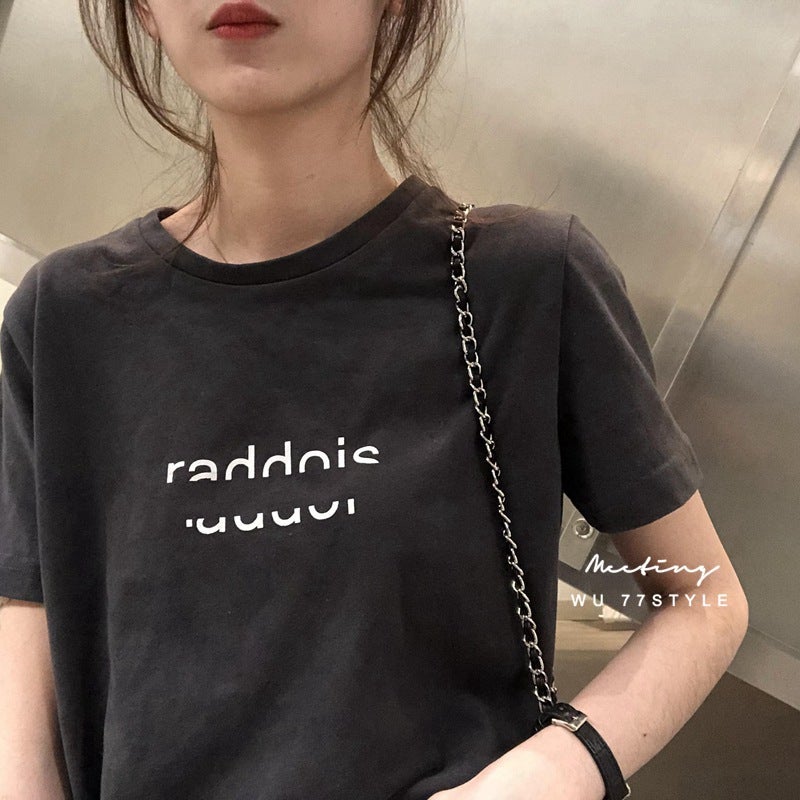 2024 Summer Letter Print Baggy T-Shirt for Women Brown Brown - Image 2