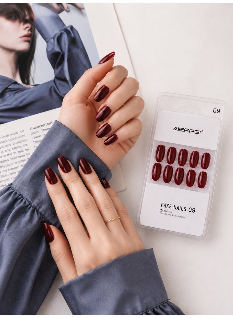 AIERFEI Premium Burgundy Glossy Press On Nails – 24 Pcs Reusable Fake Nails Set for Women, Short Oval Full Cover Artificial Nails with Comfortable Fit for Daily Wear & Parties - Image 1