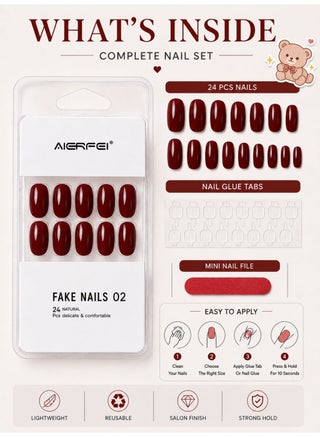 Premium Burgundy Glossy Press On Nails – 24 Pcs Reusable Fake Nails Set for Women, Short Oval Full Cover Artificial Nails with Comfortable Fit for Daily Wear & Parties - view 2