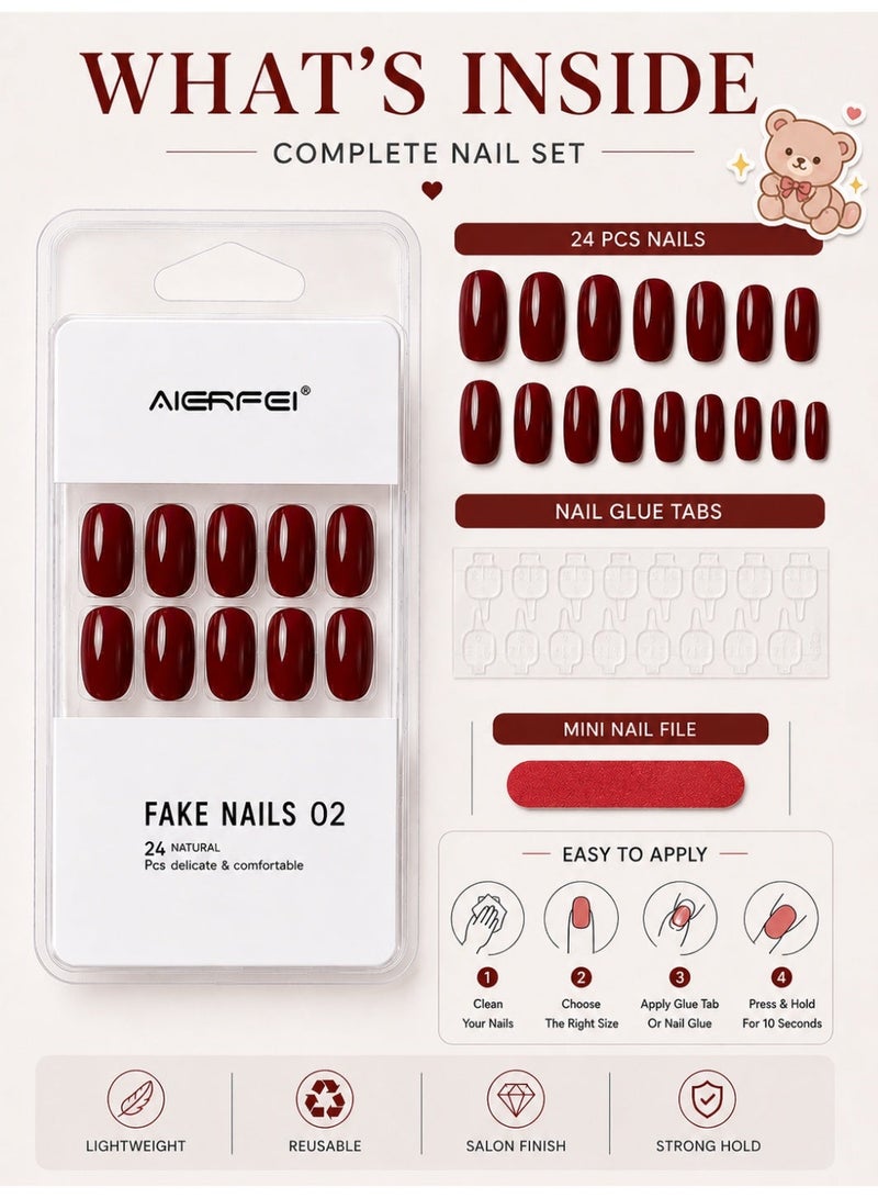 AIERFEI Premium Burgundy Glossy Press On Nails – 24 Pcs Reusable Fake Nails Set for Women, Short Oval Full Cover Artificial Nails with Comfortable Fit for Daily Wear & Parties - Image 2