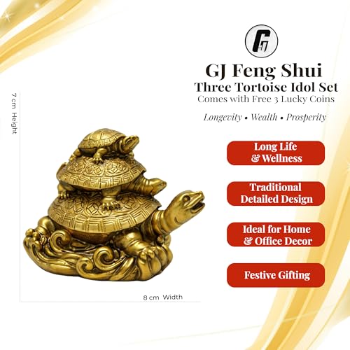 GJ Polyresin Feng Shui 3 Tortoise with 2 Lucky Coins for Good Luck & Wealth | Three Turtle Vastu Showpiece for Home Decor | House Warming & Shop Opening Gift - Image 2