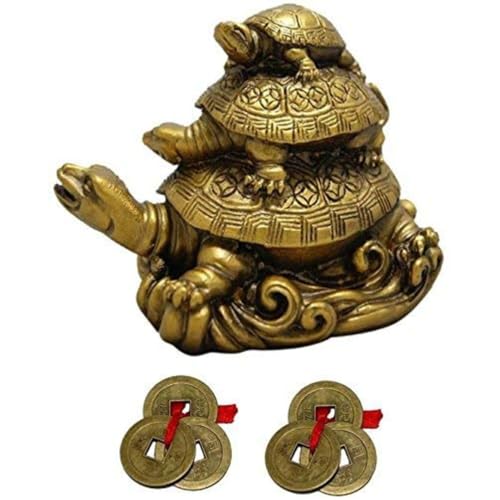 GJ Polyresin Feng Shui 3 Tortoise with 2 Lucky Coins for Good Luck & Wealth | Three Turtle Vastu Showpiece for Home Decor | House Warming & Shop Opening Gift - Image 1