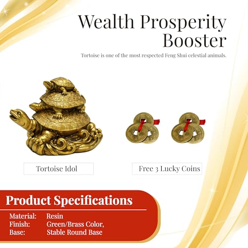GJ Polyresin Feng Shui 3 Tortoise with 2 Lucky Coins for Good Luck & Wealth | Three Turtle Vastu Showpiece for Home Decor | House Warming & Shop Opening Gift - Image 3