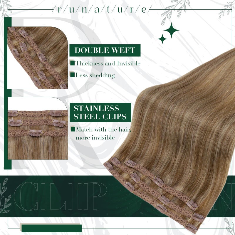 RUNATURE Human Hair Clip in Extensions, Real Hair Extensions Clip Ins, Straight Clip in Hair Extensions, Add Hair Volume, Full Ends, 12 Inch 50g 3pcs #10P16 Caramel Blonde Highlights - Image 2