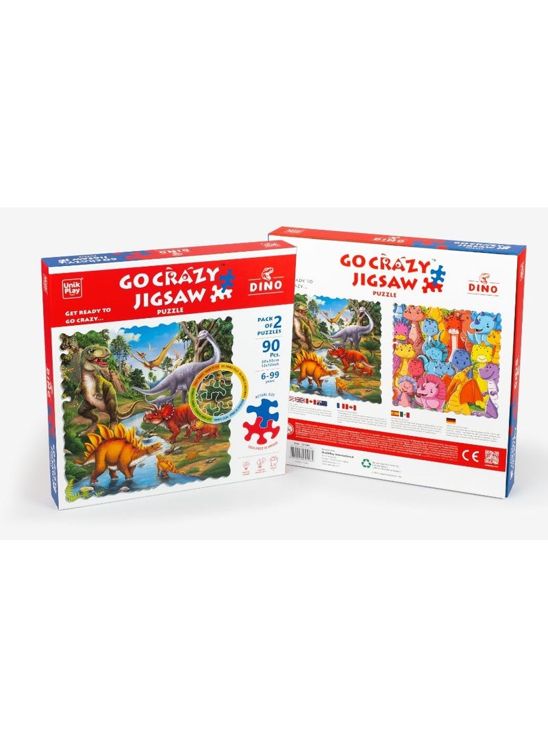 UnikPlay Go Crazy Jigsaw Puzzle For Kids And Adults, Attractive Cartoon Print Puzzle With 2 Puzzle Trays For Age 6 To 99 Years-90 Pcs-(Farm Friends)- Dino - Image 1