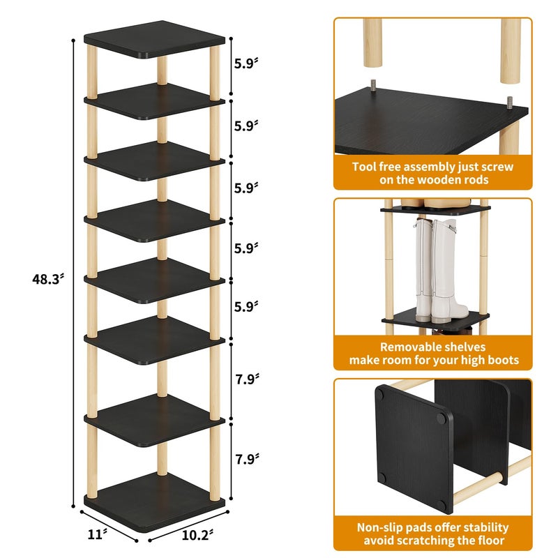 LUCKNOCK Vertical Shoe Rack, 8-Tier Tall Narrow Shoe Organizer for Entryway, Closet, Dorm & Small Spaces, Freestanding Wooden Shoe Shelf Tower for Boots, Sneakers, Heels. (Black) - Image 2