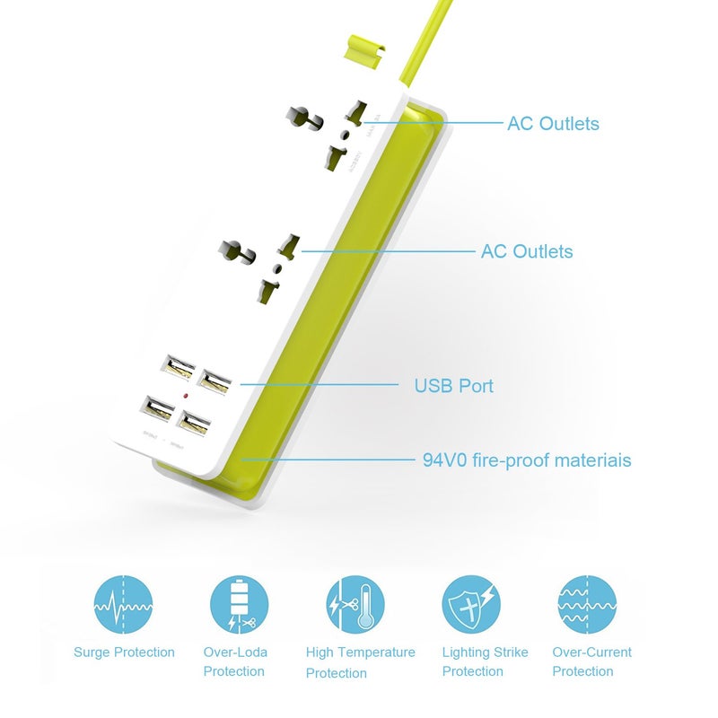 YoCosii K-century Travel Power Strip Surge Protector with 2 Outlets 4 USB Output 5V 4.2A Output Power Strip with USB Portable Travel Charger Wall Charger with 5ft Cord 100v-240v Power Sockets - Image 5