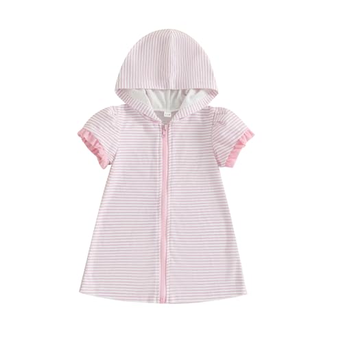 Licupiee Girls Striped Swim Cover Up Beachwear Short Sleeve Zip Up Hooded Terry Swim Coverups One Piece Swimsuits Swimwear (Pink, 18-24 Months) - Image 1