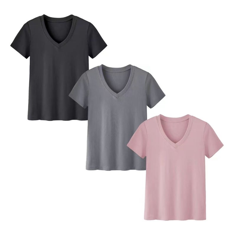 2025 Short-Sleeved Loose Slit Top Three-Piece T-Shirt Combination Pure Color Women's Clothing - Image 5