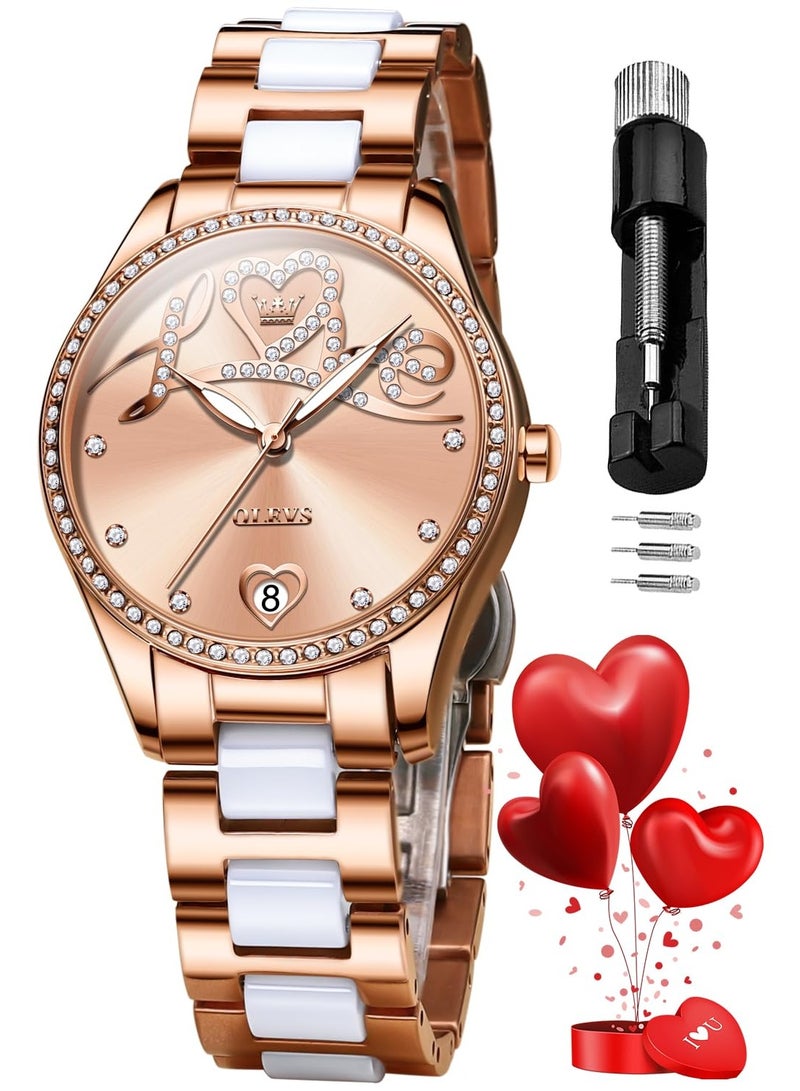 أوليفز ساعة OLEVS النسائية الأوتوماتيكية الأنيقة الرسمية الميكانيكية ذاتية التعبئة مع عرض التاريخ، باللونين الذهبي الوردي والسيراميك المقاوم للماء والمضيئ، 6686 - Image 1