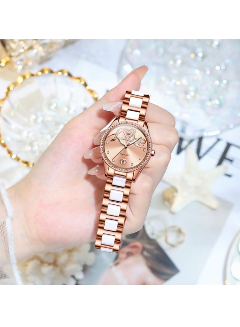 أوليفز ساعة OLEVS النسائية الأوتوماتيكية الأنيقة الرسمية الميكانيكية ذاتية التعبئة مع عرض التاريخ، باللونين الذهبي الوردي والسيراميك المقاوم للماء والمضيئ، 6686 - Image 3