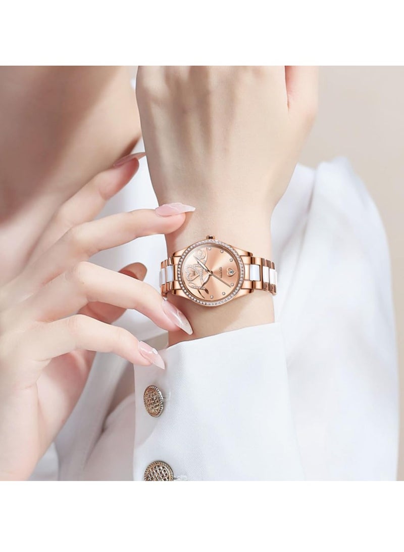 أوليفز ساعة OLEVS النسائية الأوتوماتيكية الأنيقة الرسمية الميكانيكية ذاتية التعبئة مع عرض التاريخ، باللونين الذهبي الوردي والسيراميك المقاوم للماء والمضيئ، 6686 - Image 4