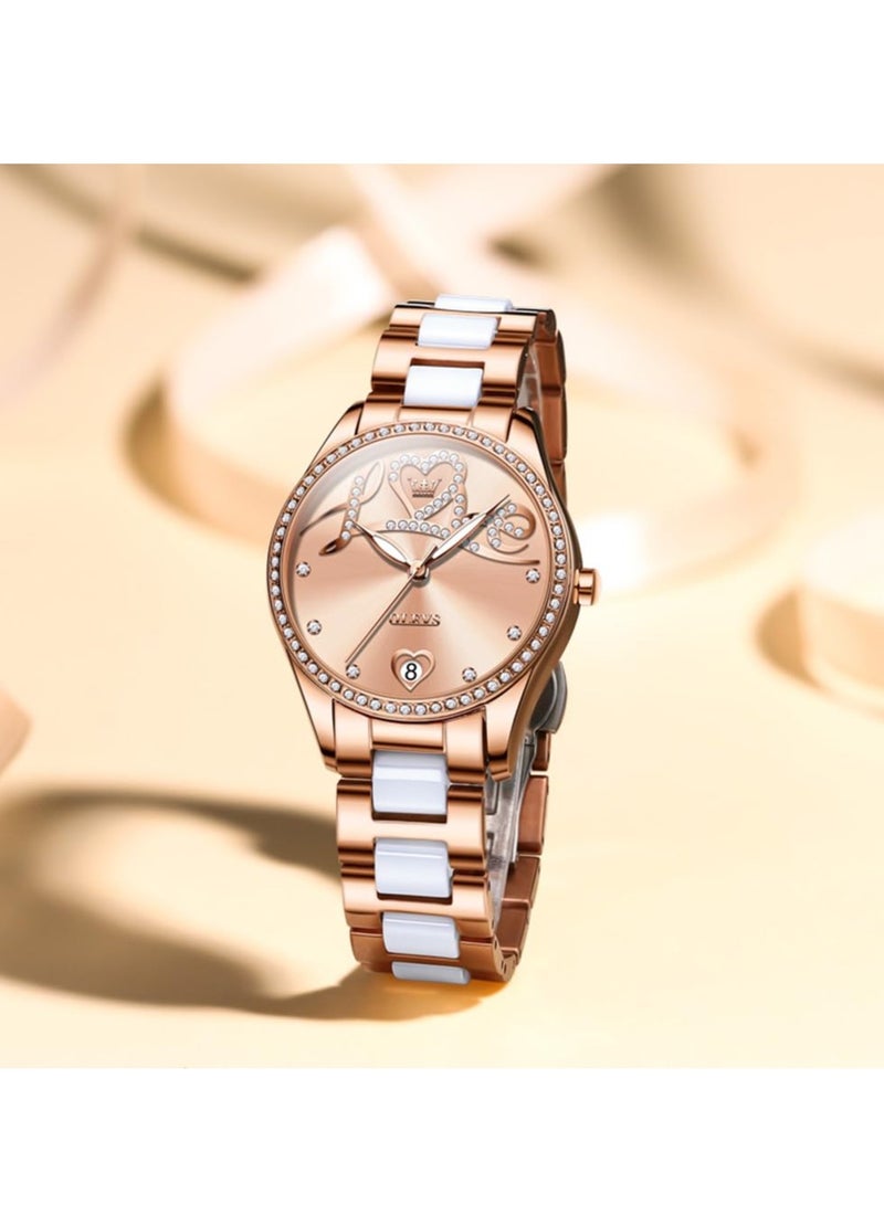 أوليفز ساعة OLEVS النسائية الأوتوماتيكية الأنيقة الرسمية الميكانيكية ذاتية التعبئة مع عرض التاريخ، باللونين الذهبي الوردي والسيراميك المقاوم للماء والمضيئ، 6686 - Image 5