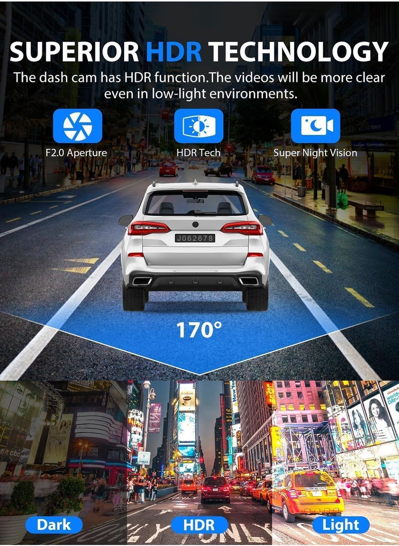 Dash Cam for Car, Front Dual Channel Dash Cam WiFi, Dash Camera for Cars 2.0" IPS Screen, App Control, G-Sensor, Loop Recording, 170° Wide Angle, Night Vision, Parking Mode
