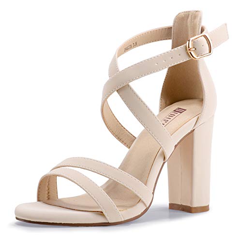 IDIFU Women's Chunky Heel Sandal Strappy Open Toe Ankle Strap Dress Shoes for Women Bridesmaid Ladies in Wedding Evening Homecoming Prom (Nude Nubuck, 7.5 M US) - Image 1
