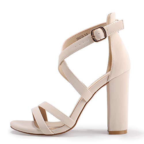 IDIFU Women's Chunky Heel Sandal Strappy Open Toe Ankle Strap Dress Shoes for Women Bridesmaid Ladies in Wedding Evening Homecoming Prom (Nude Nubuck, 7.5 M US) - Image 2