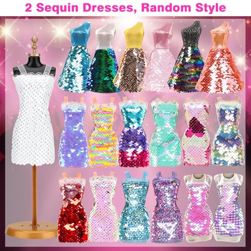 BARWA 11 Sets Doll Clothes Including 2 Sequins Dresses 5 Mermaid Floral Dresses 4 Casual Outfits Tops and Pants for 11.5 inch Girl Dolls - Image 2