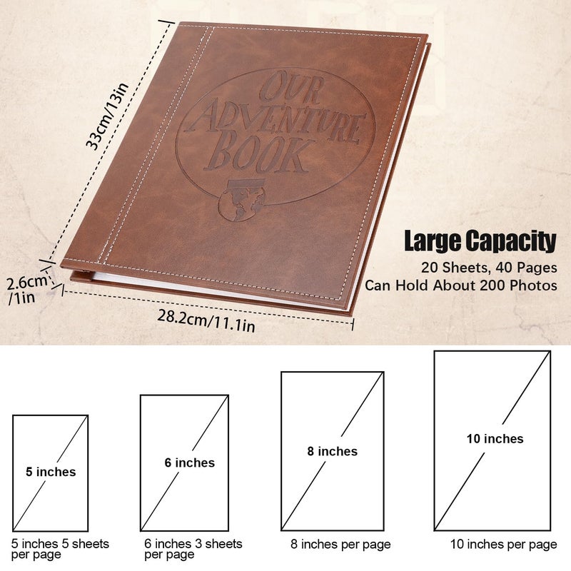 Tpudn Self-Stick Page Adventure Book Scrapbook Photo Album,40 Pages Leather Cover DIY Photo Book for Family,Anniversary Wedding,Travel Memories Holds 3X5, 4X6, 6X8, 8X10 Photos (Brown) - Image 2
