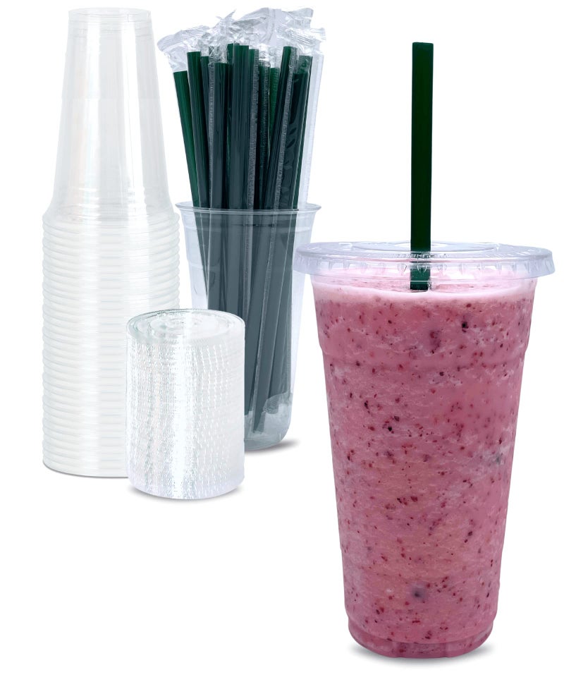 Cappatua 24 oz Clear Plastic Cups with Lids and STRAWS  Disposable Drinking Cups for Cold Drinks  Iced Coffee  Milkshakes  Smoothies  25 Sets - Image 1