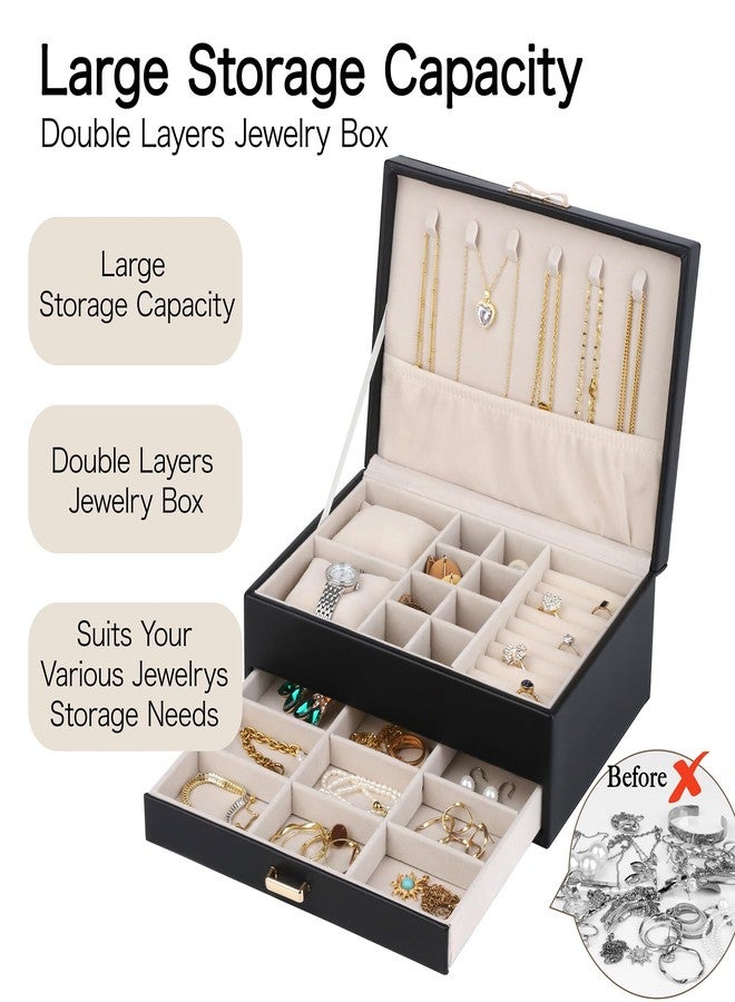 HofferRuffer Jewelry Box with Drawer for Women Girls, Faux Leather Storage Jewelry Organizer Jewelry Case with Two Layers Display for Earrings Rings Necklaces (Black) - Image 4