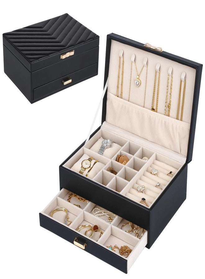 HofferRuffer Jewelry Box with Drawer for Women Girls, Faux Leather Storage Jewelry Organizer Jewelry Case with Two Layers Display for Earrings Rings Necklaces (Black) - Image 1
