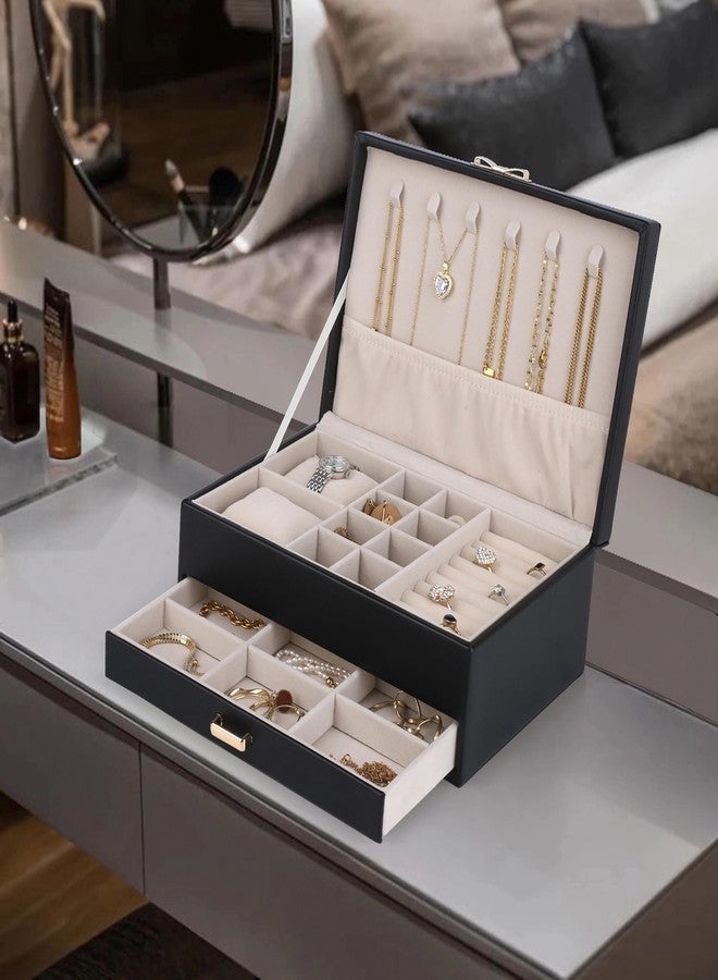 HofferRuffer Jewelry Box with Drawer for Women Girls, Faux Leather Storage Jewelry Organizer Jewelry Case with Two Layers Display for Earrings Rings Necklaces (Black) - Image 5