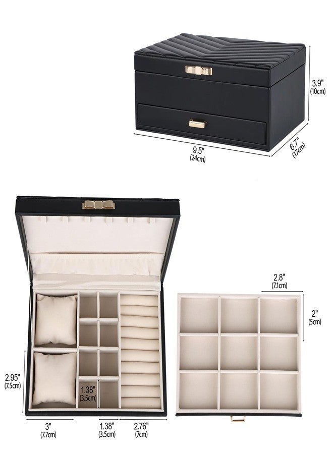 HofferRuffer Jewelry Box with Drawer for Women Girls, Faux Leather Storage Jewelry Organizer Jewelry Case with Two Layers Display for Earrings Rings Necklaces (Black) - Image 2
