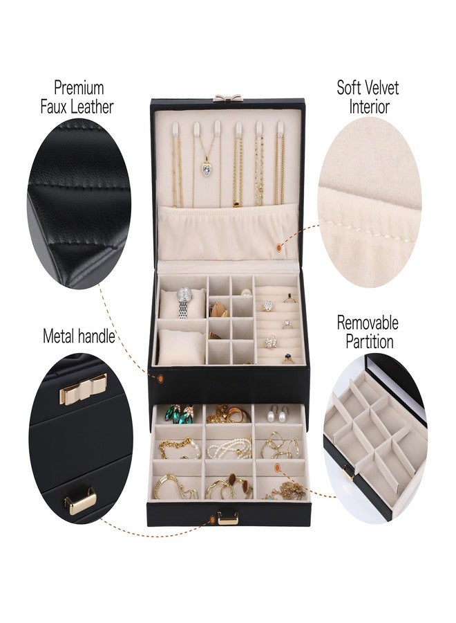 HofferRuffer Jewelry Box with Drawer for Women Girls, Faux Leather Storage Jewelry Organizer Jewelry Case with Two Layers Display for Earrings Rings Necklaces (Black) - Image 3