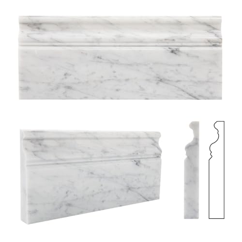 Adolif 4 Pcs Marble Baseboard Tile, Carrara White Marble Baseboard Trim Molding, 5x12 Inch, Polished, Marble Wall Skirting Base Trim Moulding for Shower Bathroom Wall Kitchen Backsplash - Image 1