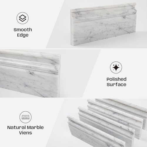 Adolif 4 Pcs Marble Baseboard Tile, Carrara White Marble Baseboard Trim Molding, 5x12 Inch, Polished, Marble Wall Skirting Base Trim Moulding for Shower Bathroom Wall Kitchen Backsplash - Image 4