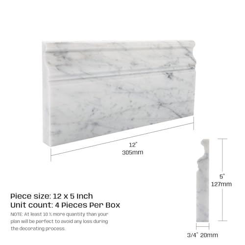 Adolif 4 Pcs Marble Baseboard Tile, Carrara White Marble Baseboard Trim Molding, 5x12 Inch, Polished, Marble Wall Skirting Base Trim Moulding for Shower Bathroom Wall Kitchen Backsplash - Image 3