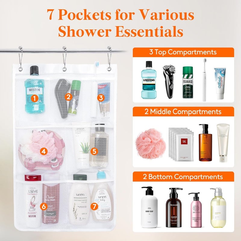 Lifewit Mesh Shower Caddy, 7 Pockets Hanging Shower Organizer with Quick Drying Mesh, Portable Space Saving Bathroom Organizer to Hold Soap, Shampoo and Cruise Ship Essentials, White, 2 Pack - Image 3