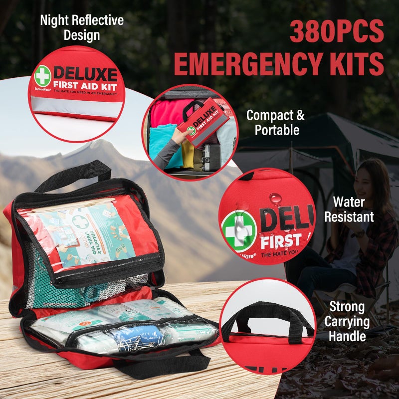 SuccorWare 380 Pieces Deluxe First Aid Kit Compact Trauma Medical Kits with Assorted Bandages, Instant Cold Pack, Emergency Blanket for Home, Travel, Camping, Vehicle, Emergency Kits(Red) - Image 3