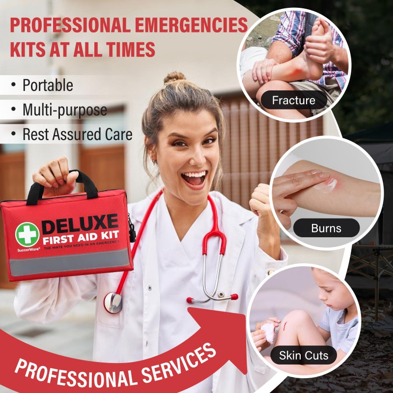 SuccorWare 380 Pieces Deluxe First Aid Kit Compact Trauma Medical Kits with Assorted Bandages, Instant Cold Pack, Emergency Blanket for Home, Travel, Camping, Vehicle, Emergency Kits(Red) - Image 2