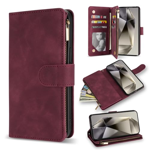 ZZXX for Samsung Galaxy S24 Ultra Wallet Case with RFID Blocking Card Slot PU Leather Zipper Flip Folio with Strap Kickstand Protective Cover for Galaxy S24 Ultra Case Wallet(Wine Red-6.8 inch) - Image 1