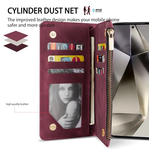 ZZXX for Samsung Galaxy S24 Ultra Wallet Case with RFID Blocking Card Slot PU Leather Zipper Flip Folio with Strap Kickstand Protective Cover for Galaxy S24 Ultra Case Wallet(Wine Red-6.8 inch) - Image 2