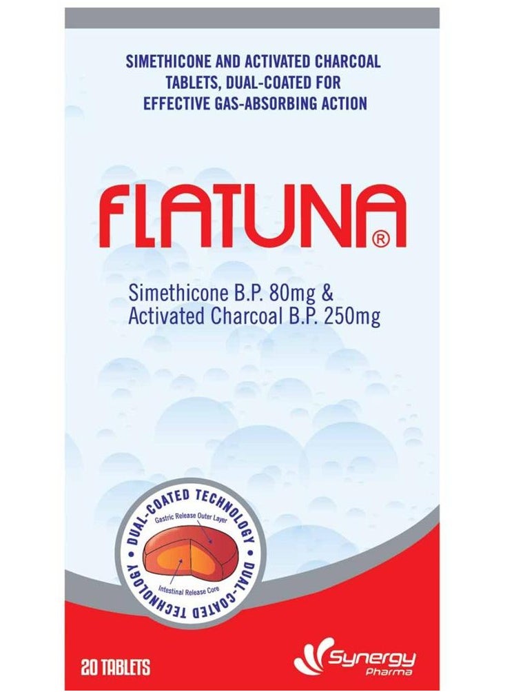 FLATUNA Simethicon And Activated Charcoal For Gas Relief 20 Tablets  - Image 2