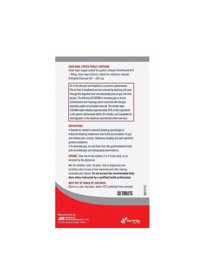 FLATUNA Simethicon And Activated Charcoal For Gas Relief 20 Tablets  - Image 3