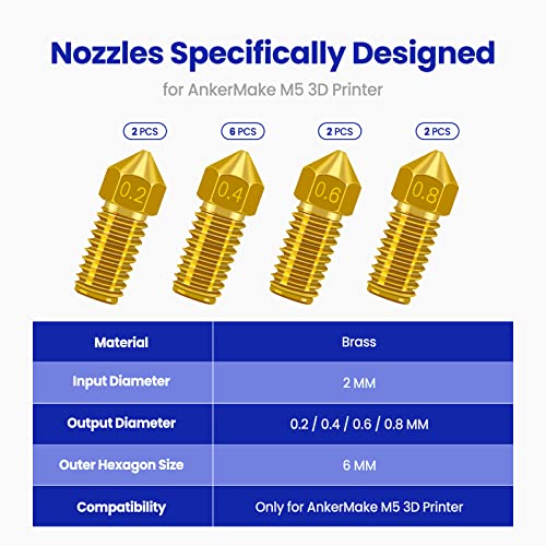 Park Sung 3D Printer Nozzles 12 pcs M5/M5C Nozzle, Park Sung Brass Nozzles with High Temperature Resistance Upgraded Fully Fit for AnkerMake M5/M5C Ender 3 V2 Ender 3/3 pro,0.2mm,0.4mm, 0.6mm, 0.8mm Nozzle Kit - Image 2