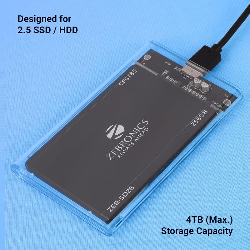 ZEBRONICS حاوية SSD/HDD بحجم 2.5 بوصة، سعة تخزين قصوى 4TB، سرعة نقل تصل إلى 5Gbps، تصميم منزلق بدون أدوات، موصل USB إلى Micro B، دعم ويندوز، ماك، لينوكس، علبة شفافة (CSH101) - Image 4