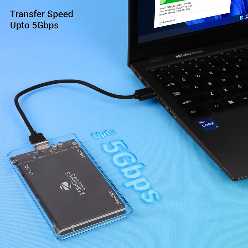 ZEBRONICS حاوية SSD/HDD بحجم 2.5 بوصة، سعة تخزين قصوى 4TB، سرعة نقل تصل إلى 5Gbps، تصميم منزلق بدون أدوات، موصل USB إلى Micro B، دعم ويندوز، ماك، لينوكس، علبة شفافة (CSH101) - Image 5