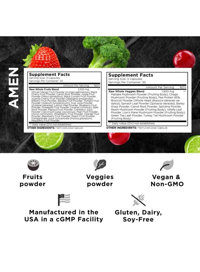 Amen Fruits + Veggies Vitamins Bundle, Raw Whole Food Multivitamin Capsules, Greens Vegetables, Red Fruits & Berries Vegan Blend, Fibers + Phytonutrients Superfood Minerals Supplement, Non-GMO, 180 ct - Image 2