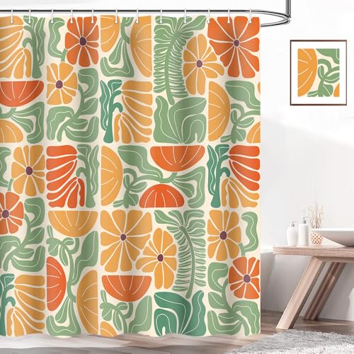DeeCabin Boho Abstract Colorful Floral Shower Curtain, Vintage Retro Patchwork Orange Green Flower Botanical Geometric Aesthetic Groovy Bathroom Decor Shower Curtain Set with 12 Hooks, 70X70IN - Image 3