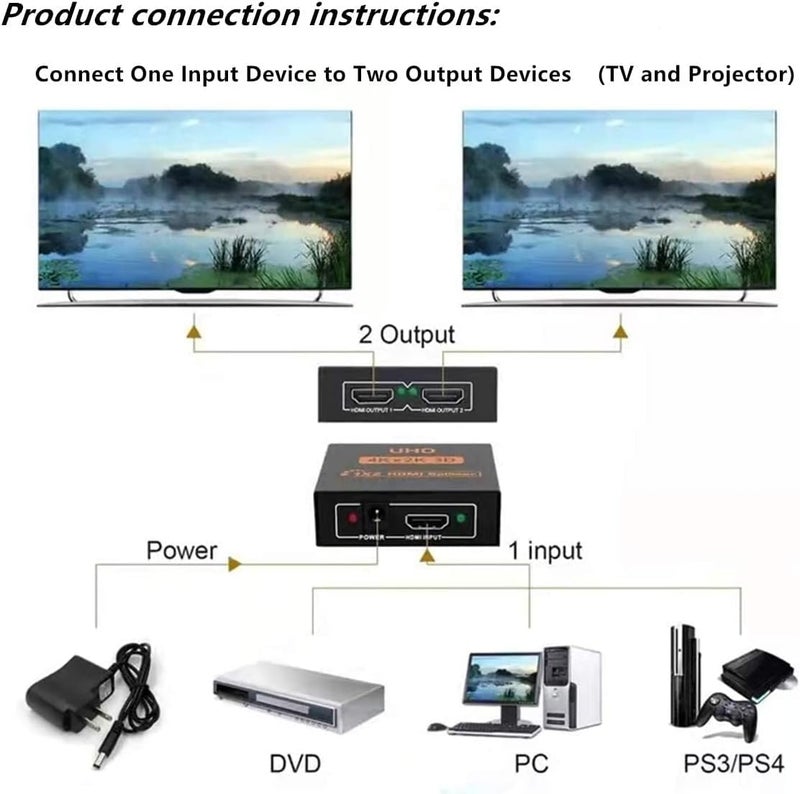 مقسم كابل فيديو HDMI 4K من مصدر واحد للعرض على شاشتين في نفس الوقت 1 في 2 يدعم دقة اتش دي سي بي/UHD فائق الدقة/1080 بيكسل 2160 بيكسل/2K/ثلاثي الابعاد/4K - Image 4