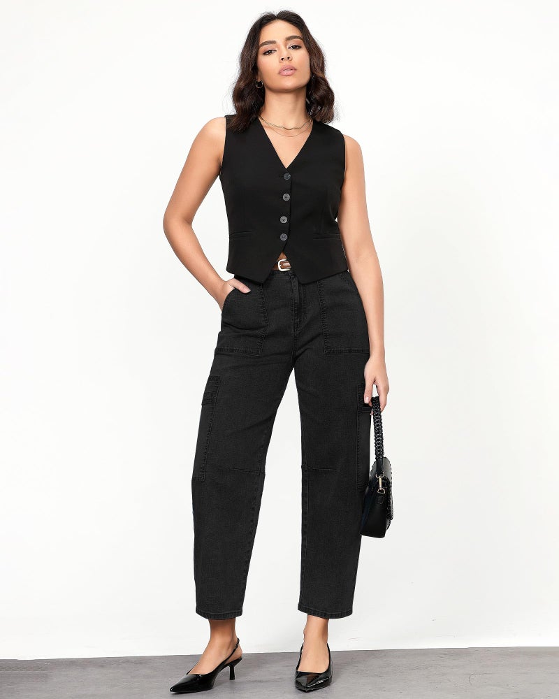 GRAPENT Trousers - Women's Cute Cargo Pants, Baggy Denim, Cropped Jeans - True Black, X-Large Size 16 to 18 - Image 4