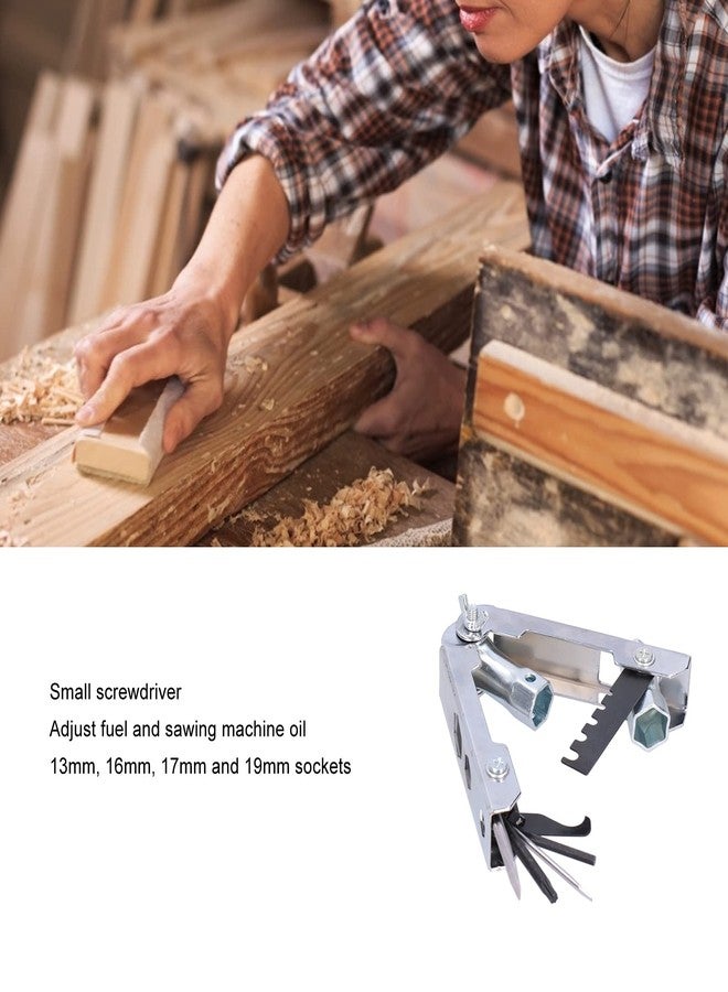 كويداموس أداة منشار سلسلة مع مفتاح توركس T27، مفتاح ربط 4 مم، مفكات براغي صغيرة وكبيرة، مقابس 13 مم 16 مم 17 مم 19 مم، منظف أخدود، أداة قياس ملف دائري، أداة منشار سلسلة متعددة الاستخدامات - Image 2