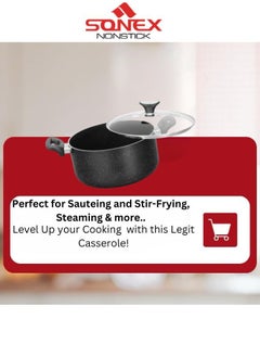 SONEX Sonex Casserole Black Granite, Premium Cookware, Even Heating, Tempered Glass Lid, High Quality Aluminum, Non-Stick Coating , Bakelite Heat Resistant Handle, Easy to Clean, Small Size 20 Cm & 3 Ltr  - Image 5