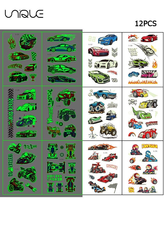 Unique 12 Sheets Luminous Race Car Supplies Temporary Body Stickers for Boys Glow in The Dark RaceCar Body Stickers Decorations Supplies Favors for Kids Boys Men  - Image 1